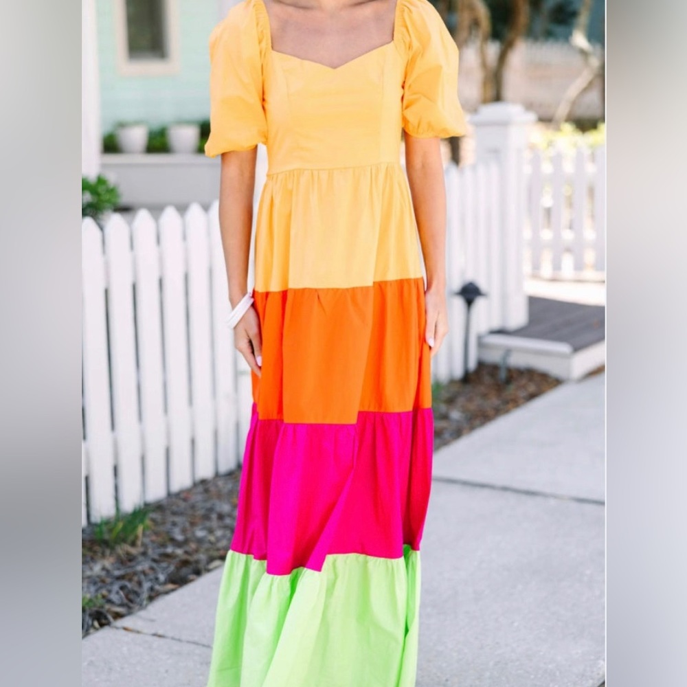 Colorful Sherbert Maxi dress. This dress is from The Mint Julep Boutique.